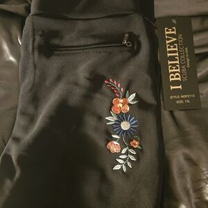 Black Straight Leg Pants with Floral Embroidery